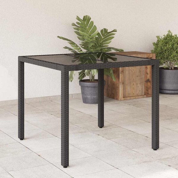 Fekete polyrattan üveglapos kerti asztal 90 x 90 x 75 cm