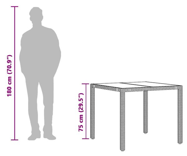 Fekete polyrattan üveglapos kerti asztal 90 x 90 x 75 cm