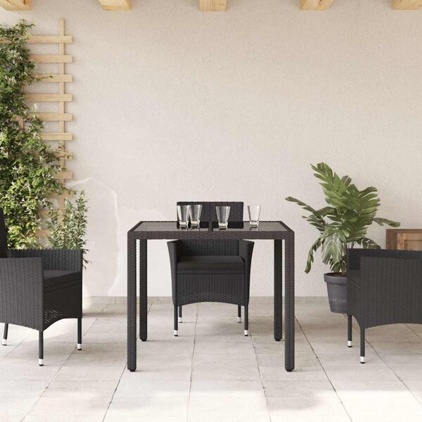 Fekete polyrattan üveglapos kerti asztal 90 x 90 x 75 cm