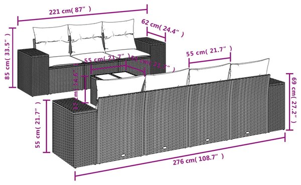 8 részes szürke polyrattan kerti ülőgarnitúra párnákkal