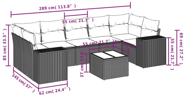 8 részes fekete polyrattan kerti ülőgarnitúra párnákkal