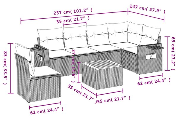 7 részes szürke polyrattan kerti ülőgarnitúra párnákkal