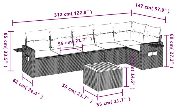 7 részes fekete polyrattan kerti ülőgarnitúra párnával