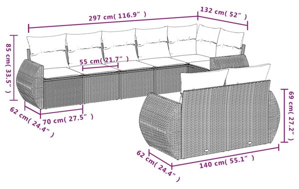 8 részes fekete polyrattan kerti ülőgarnitúra párnákkal