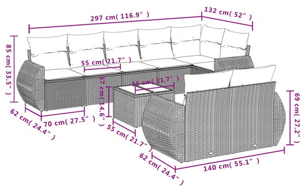 9 részes fekete polyrattan kerti ülőgarnitúra párnákkal
