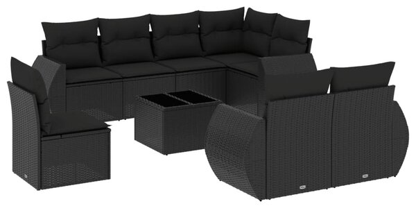 9 részes fekete polyrattan kerti ülőgarnitúra párnákkal