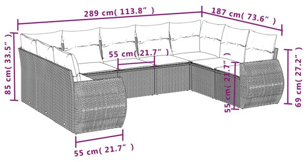 9 részes fekete polyrattan kerti ülőgarnitúra párnákkal