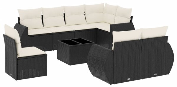 9 részes fekete polyrattan kerti ülőgarnitúra párnákkal