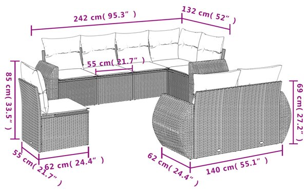 8 részes szürke polyrattan kerti ülőgarnitúra párnákkal