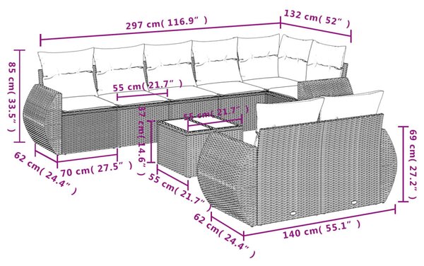 9 részes fekete polyrattan kerti ülőgarnitúra párnákkal