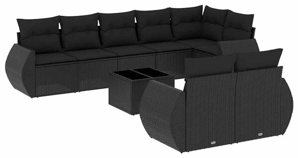 9 részes fekete polyrattan kerti ülőgarnitúra párnákkal