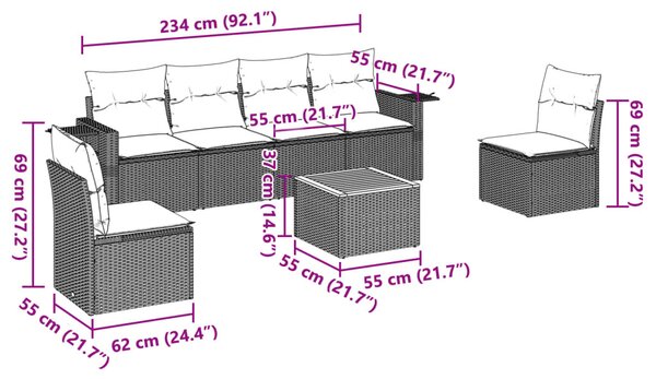 7 részes fekete polyrattan kerti ülőgarnitúra párnával