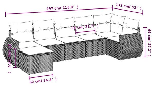 7 részes fekete polyrattan kerti ülőgarnitúra párnával