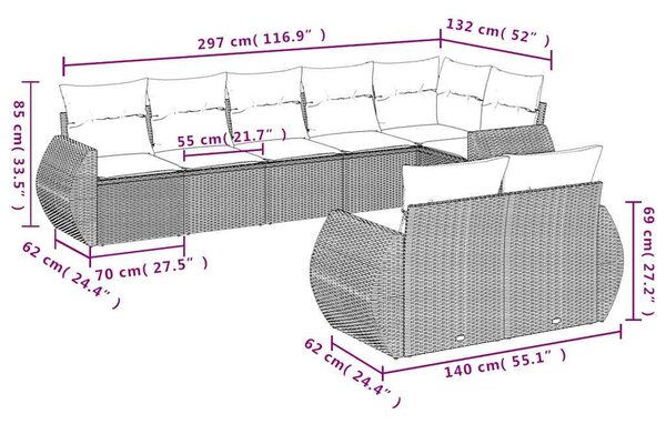 8 részes fekete polyrattan kerti ülőgarnitúra párnákkal