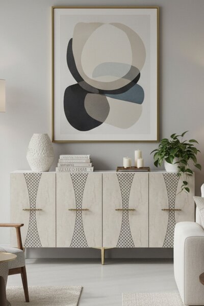 Slim komód, fehér-travertin, 150 cm