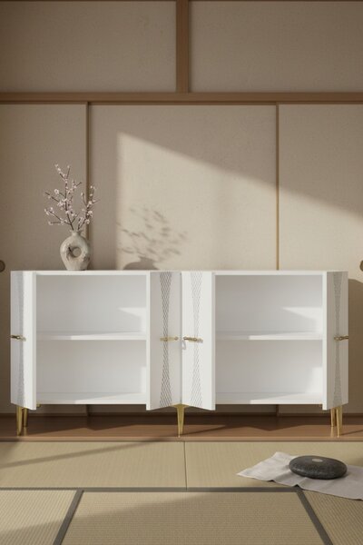 Slim komód, fehér-arany, 150 cm