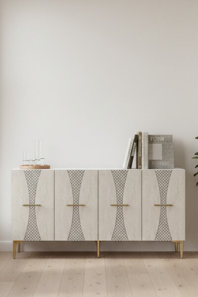 Slim komód, fehér-travertin, 150 cm