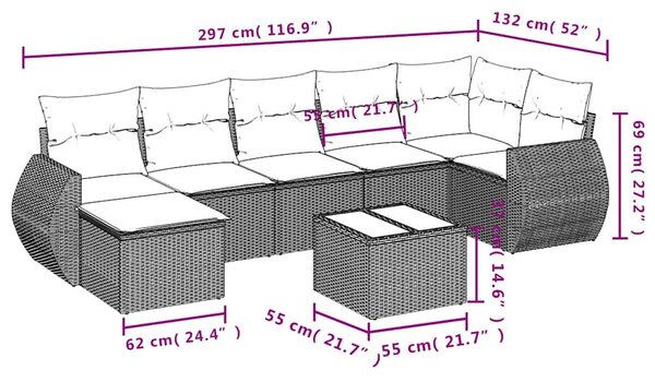 8 részes fekete polyrattan kerti ülőgarnitúra párnákkal