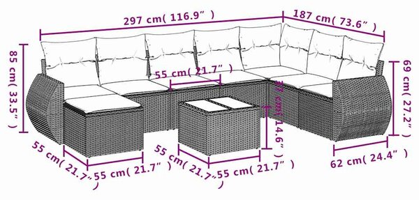 9 részes fekete polyrattan kerti ülőgarnitúra párnákkal