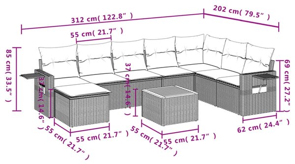 9 részes bézs polyrattan kerti ülőgarnitúra párnákkal