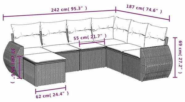 7 részes fekete polyrattan kerti ülőgarnitúra párnával