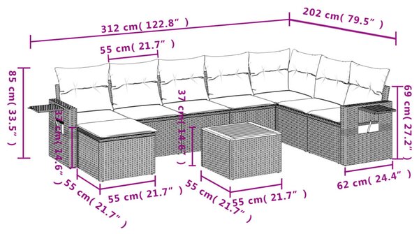 9 részes fekete polyrattan kerti ülőgarnitúra párnákkal