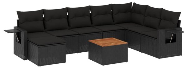 9 részes fekete polyrattan kerti ülőgarnitúra párnákkal
