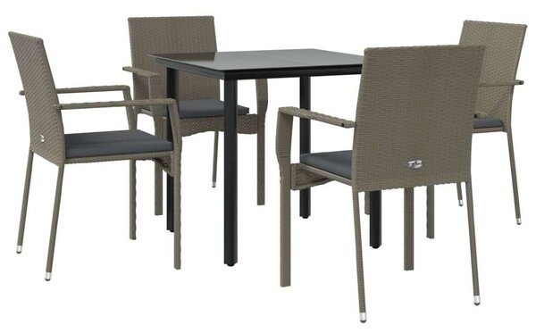 5 részes fekete és szürke polyrattan kerti étkezőszett párnával