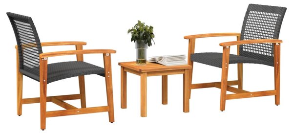 3 részes fekete polyrattan és akácfa bisztrószett