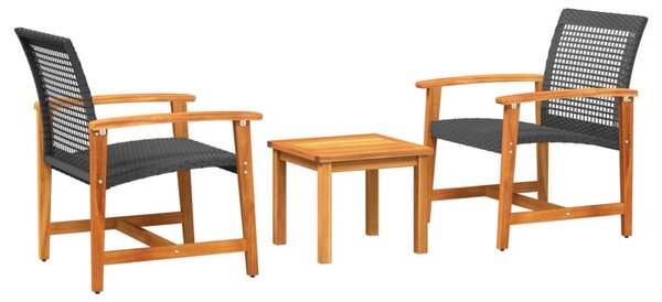 3 részes fekete polyrattan és akácfa bisztrószett
