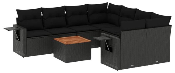 9 részes fekete polyrattan kerti ülőgarnitúra párnákkal