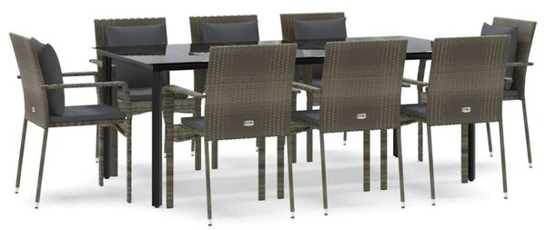 Polyrattan Kerti Étkezőgarnitúra - 8 Szék + Asztal - Fekete/Szürke