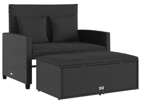 2 személyes fekete polyrattan kerti kanapé párnával
