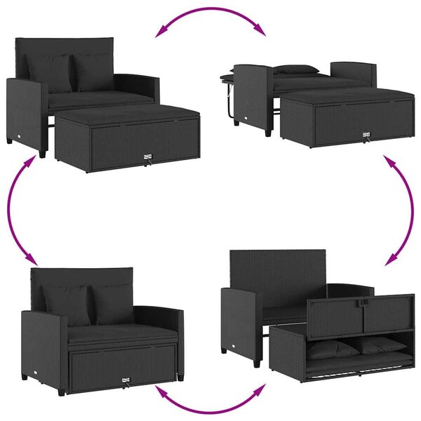 2 személyes fekete polyrattan kerti kanapé párnával