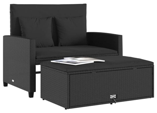 2 személyes fekete polyrattan kerti kanapé párnával