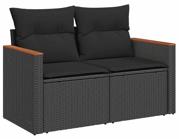 7 részes fekete polyrattan akácfa kerti ülőgarnitúra párnával