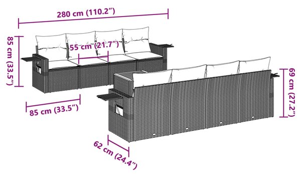 9 részes szürke polyrattan kerti ülőgarnitúra párnákkal