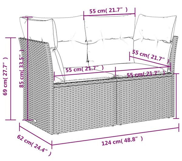 2 személyes szürke polyrattan kerti kanapé párnával