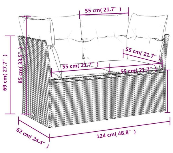 Kétszemélyes fekete polyrattan kerti kanapé párnákkal