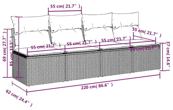 4 személyes bézs polyrattan kerti kanapé párnával