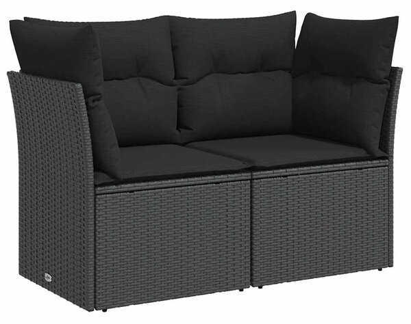 Kétszemélyes fekete polyrattan kerti kanapé párnákkal
