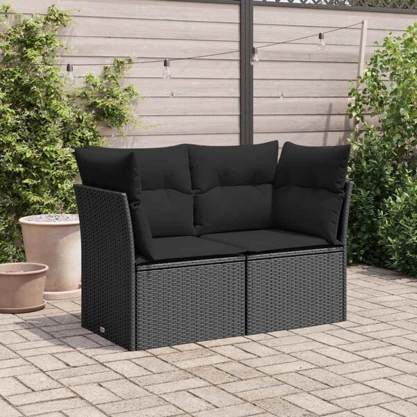 Kétszemélyes fekete polyrattan kerti kanapé párnákkal