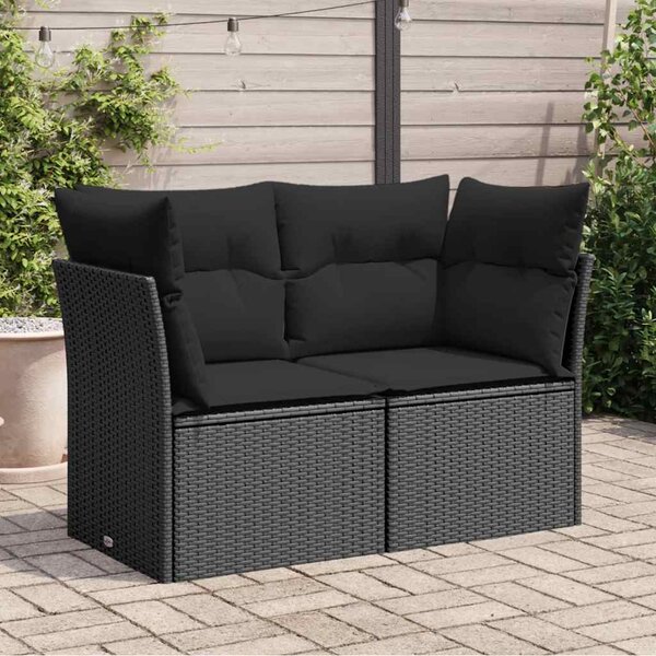 Kétszemélyes fekete polyrattan kerti kanapé párnákkal