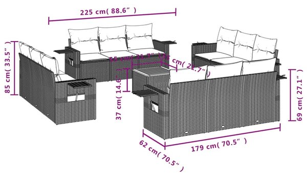 13 részes fekete polyrattan kerti ülőgarnitúra párnákkal