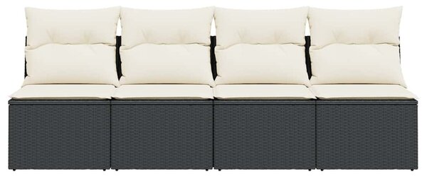 4 személyes fekete polyrattan kerti kanapé párnával