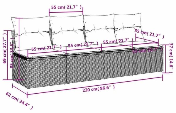 4 személyes fekete polyrattan kerti kanapé párnával