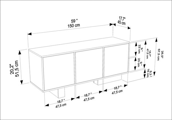 Monaco komód, dió-travertin, 150 cm