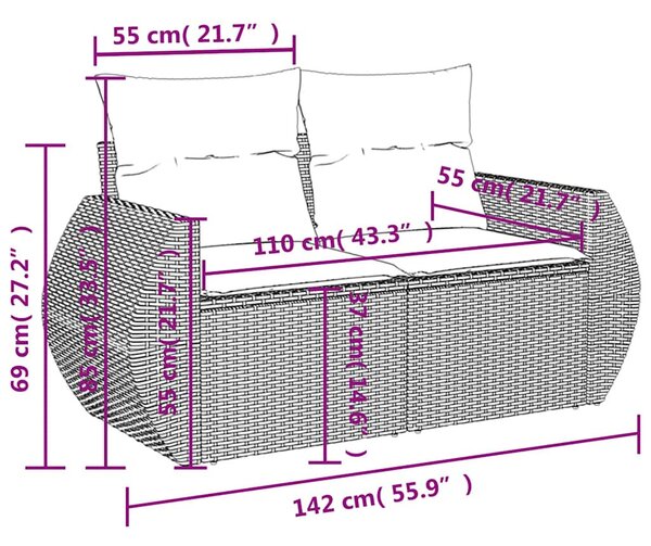 2 személyes fekete polyrattan kerti kanapé párnával
