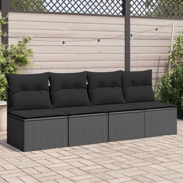 4 személyes fekete polyrattan kerti kanapé párnákkal