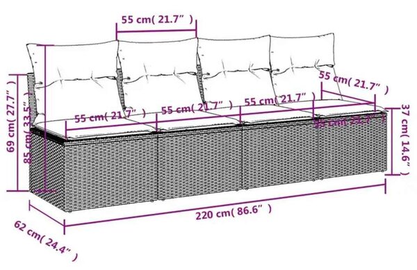 4 személyes fekete polyrattan kerti kanapé párnákkal